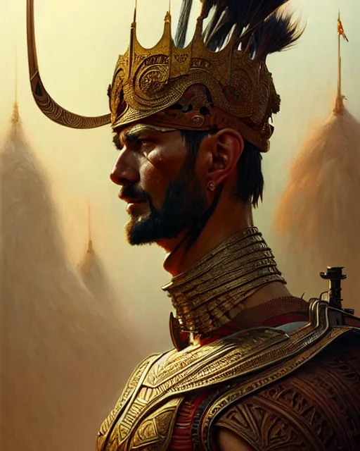 Image similar to highly detailed picture of a tall warrior - king, movie action still frame, intricate, elegant, highly detailed, hyperrealism, digital painting, concept art, smooth, sharp, focus, illustration, art by artgerm, greg rutkowski, ilya kuvshinov, alphonse mucha