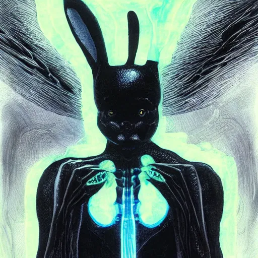 Image similar to humanoid black rabbit cyborg with outstretched head read the news, cartoon soft fluorescent fluffy eyes, translucent neon skin, mix styles of tsutomu nihei, video game art, battle scene, zdzisław beksinski and giger, in full growth, no blur