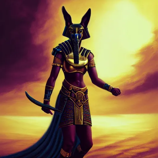 Image similar to majestic gracious regal female anubis warrior portrait, ancient egypt, atmospheric lighting, painted, menacing, intricate, volumetric lighting, beautiful, rich deep colours masterpiece, golden hour, golden ratio, sharp focus, ultra detailed, by leesha hannigan, ross tran, thierry doizon, kai carpenter, ignacio fernandez rios