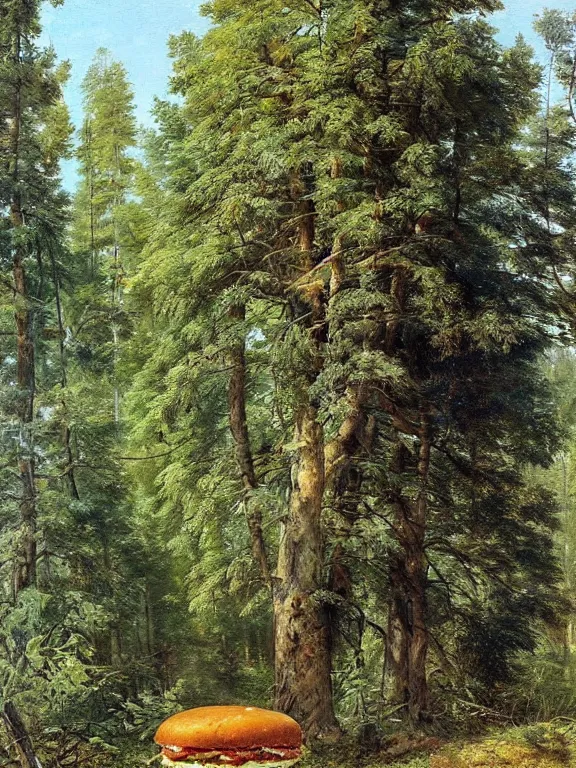 Image similar to Ivan Shishkin painting of a beautiful burger as a wild animal hiding at forest, beautiful lighting, sunny, summer, painting Ivan Shishkin