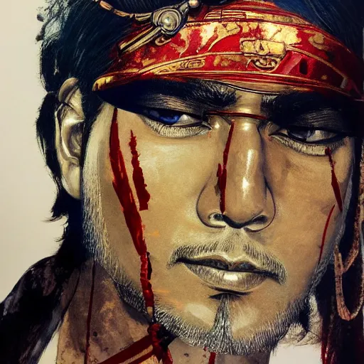 Prompt: portrait of sajtama by yoji shinkawa, high quality, english man, extra details, realism, ornate, colored, golden chain, blood, white skin, short hair, brown eyes, vivid, sunlight, red headband, black eyepatch, white american soldier, painting, cybernetics, military