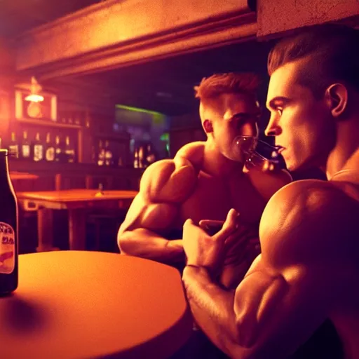 Image similar to cinematic scene with attractive muscular male and another attractive muscular male, drinking their hearts out, in the pub, dramatic, small details, volumetric lighting, still frame