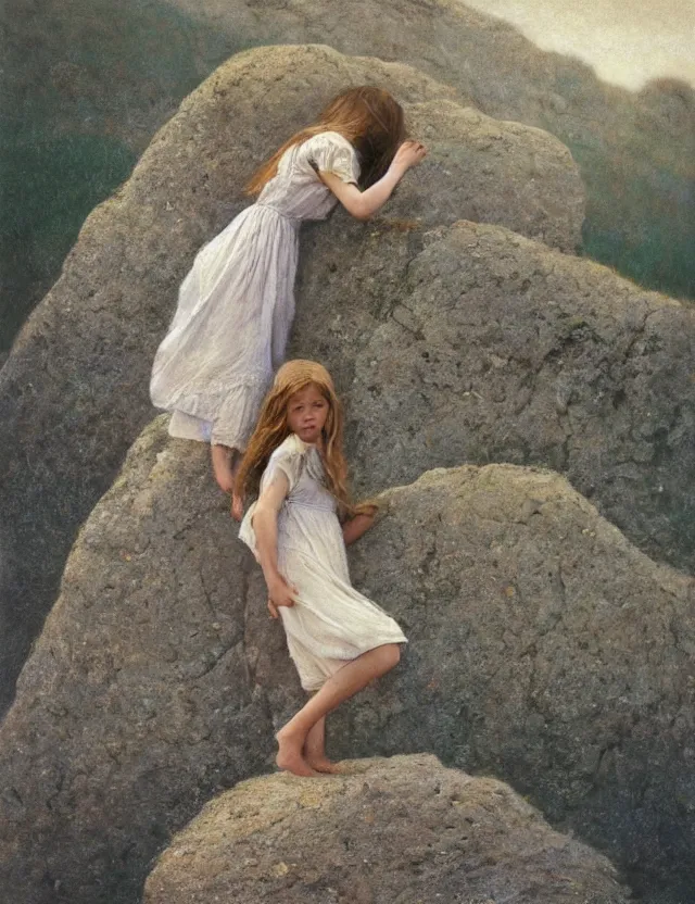 Image similar to peasant barefoot girl with blowing hair standing on the edge of rock, cottage core, cinematic focus, polaroid photo bleached vintage pastel colors high - key lighting, soft lights, foggy, by steve hanks, by lisa yuskavage, by serov valentin, by tarkovsky, 8 k render, detailed, oil on canvas