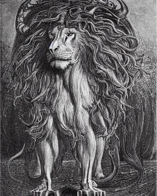 Image similar to a creature with the body and eyes of a man, with the beak of an eagle, the mane of a lion, and the horns of an ox. drawn by jean delville