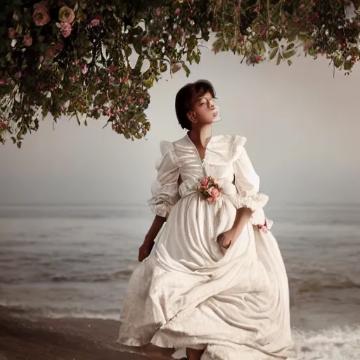 Image similar to a wonderful lady dressed with a large and decorate majestic roses and cream cotton dress that is coming from the ocean, dramatic light, octane--8k