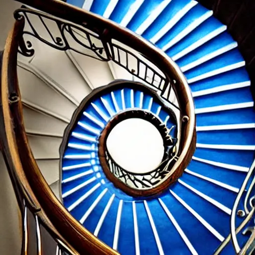 Prompt: An endless dark-blue spiral staircase in a Victorian home. Illustration