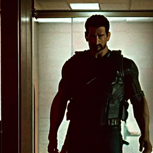 Prompt: a vhs still portrait of the punisher breaking into the office from a gritty cyberpunk 2 0 0 0 s james cameron movie about spider - man. realism, cinematic lighting, 4 k. 8 mm. grainy. panavision.