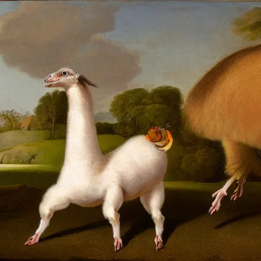 Prompt: oil painting by george stubbs of a llama fighting with a guinea pig.