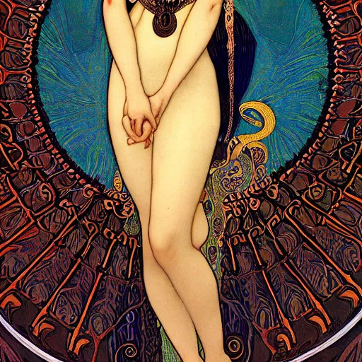 Image similar to louise brooks as cleopatra with coiled serpents beautiful detailed romantic art nouveau lithograph realistic portrait by alphonse mucha, yoshitaka amano, and gustav klimt, photorealism, hauntingly beautiful whirling clouds night sky spirals refined moody dreamscape, digital art