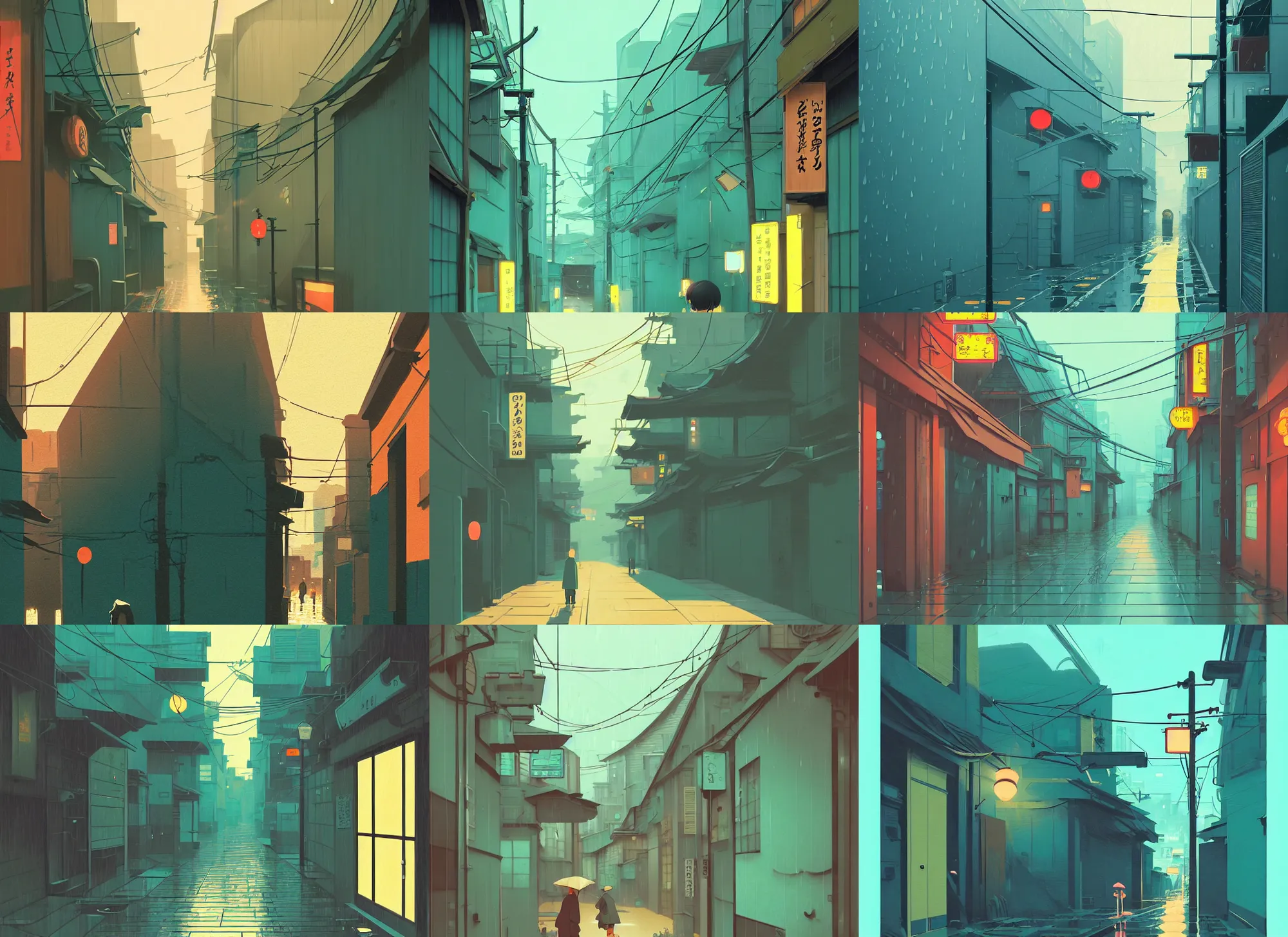 Prompt: tokyo alleyway, rainy day, by cory loftis, atey ghailan, makoto shinkai, hasui kawase, james gilleard, beautiful, serene, peaceful, lonely, teal tones, golden curve composition