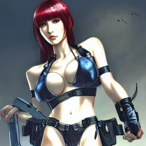 Image similar to concept art illustration of a beautiful young japanese christina hendricks natalie portman as lara croft motoko kusanagi anime protagonist, wearing tokyo harajuku street fashion combat warrior fantasy bikini, intricate, elegant, gorgeous, stunning, alluring, art by hyng tae kim, art style of blade and soul
