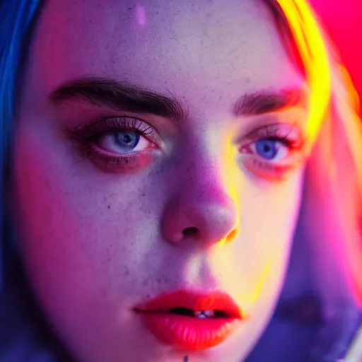 Image similar to beautiful portrait of amazing billie eilish in the street, explosion of neon lights, close up, 5 0 mm lens, model photography derailed realistic