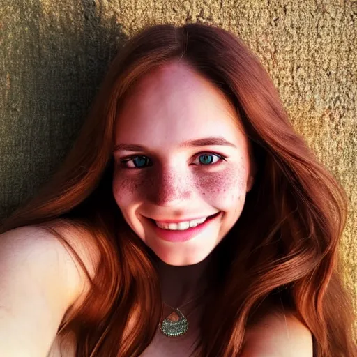 Image similar to beautiful hyperrealism selfie of a cute young woman smiling softly, long light bronze brown hair, cute freckles, flushed face, red blush, small heart - shaped face, soft features, emerald green eyes, golden hour, 8 k, sharp focus, instagram