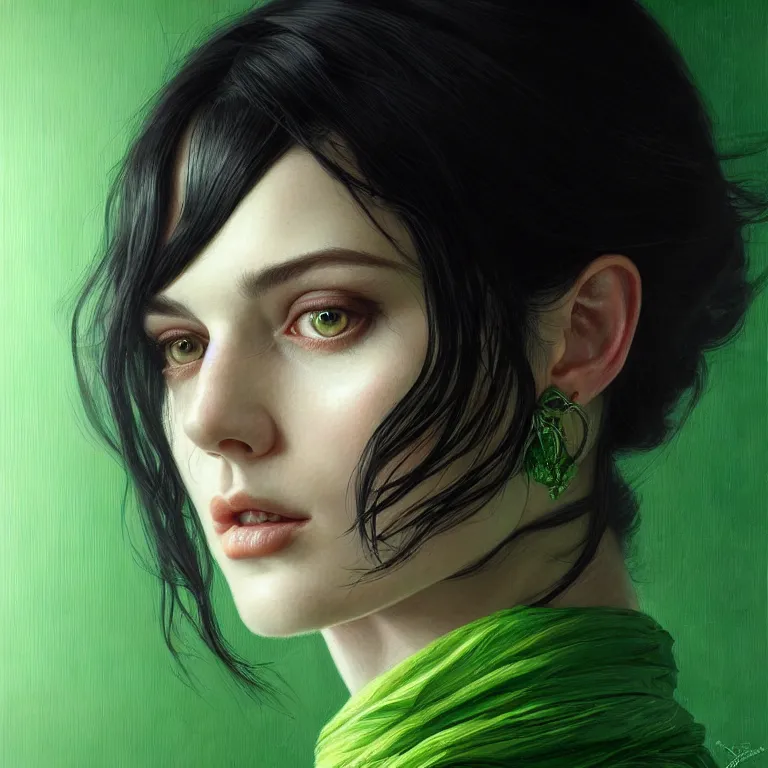 Image similar to portrait of sarah margaret qualley, black hair, green eyes, elegant, real life skin, intricate artwork, high detailed, artstation, concept art, smooth, sharp focus, art by artgerm and greg rutkowski @ ruprechy