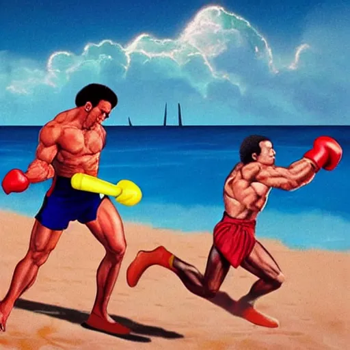 Prompt: rocky iii racing apollo and rocky on the beach, matte painting, beautiful, inspired, energetic, 8 0 s colors