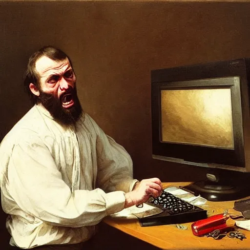 Image similar to an angry man yells at his computer monitor, oil on canvas, 1 8 8 3, highly detailed, high resolution