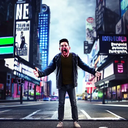 Image similar to broadway play poster of a young angry man screaming in the middle of street, high definition, highly detailed, photo-realistic, unreal engine render, 16k,