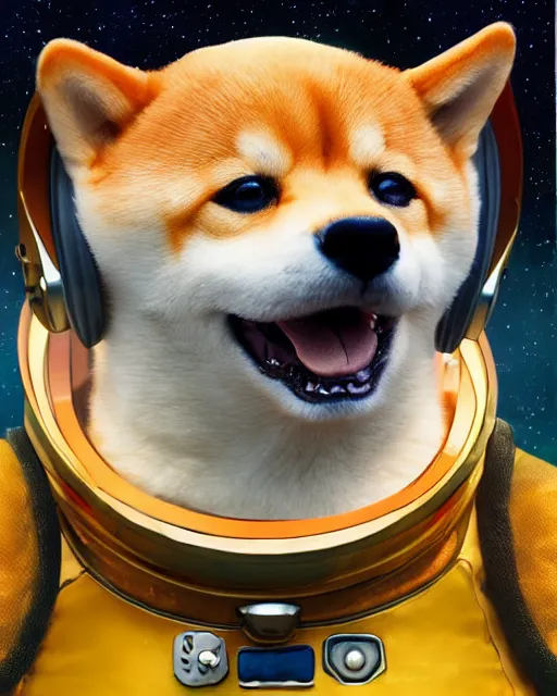 Prompt: a fantasy character with a cute shiba inu head, an astronaut body and a transparent glass helmet, shiba inu winking mischievously ， painting photoshop by hayao miyazaki, harvest fall vibrancy, cinematic