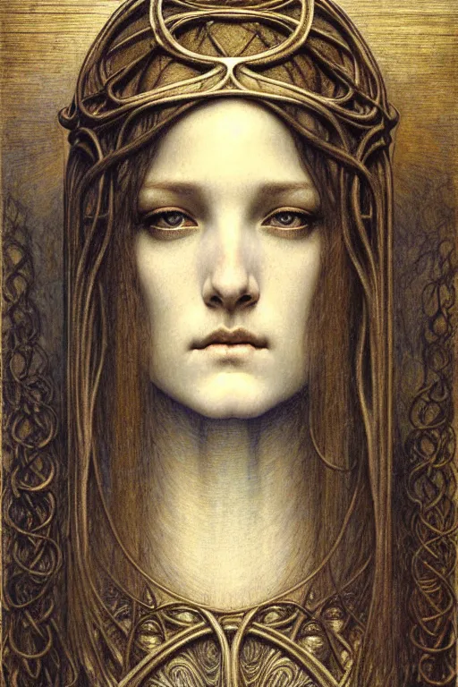 Image similar to detailed realistic beautiful young medieval queen face portrait by jean delville, gustave dore and marco mazzoni, art nouveau, symbolist, visionary, gothic, pre - raphaelite. horizontal symmetry