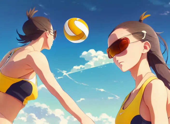 Prompt: side portrait of cute high school girl playing beach volley, sunny sky background stadium landscape illustration concept art anime key visual trending pixiv fanbox by wlop and greg rutkowski and makoto shinkai and studio ghibli and kyoto animation, symmetrical facial features, sports clothing, yellow aviator glasses, nike shirt, backlit