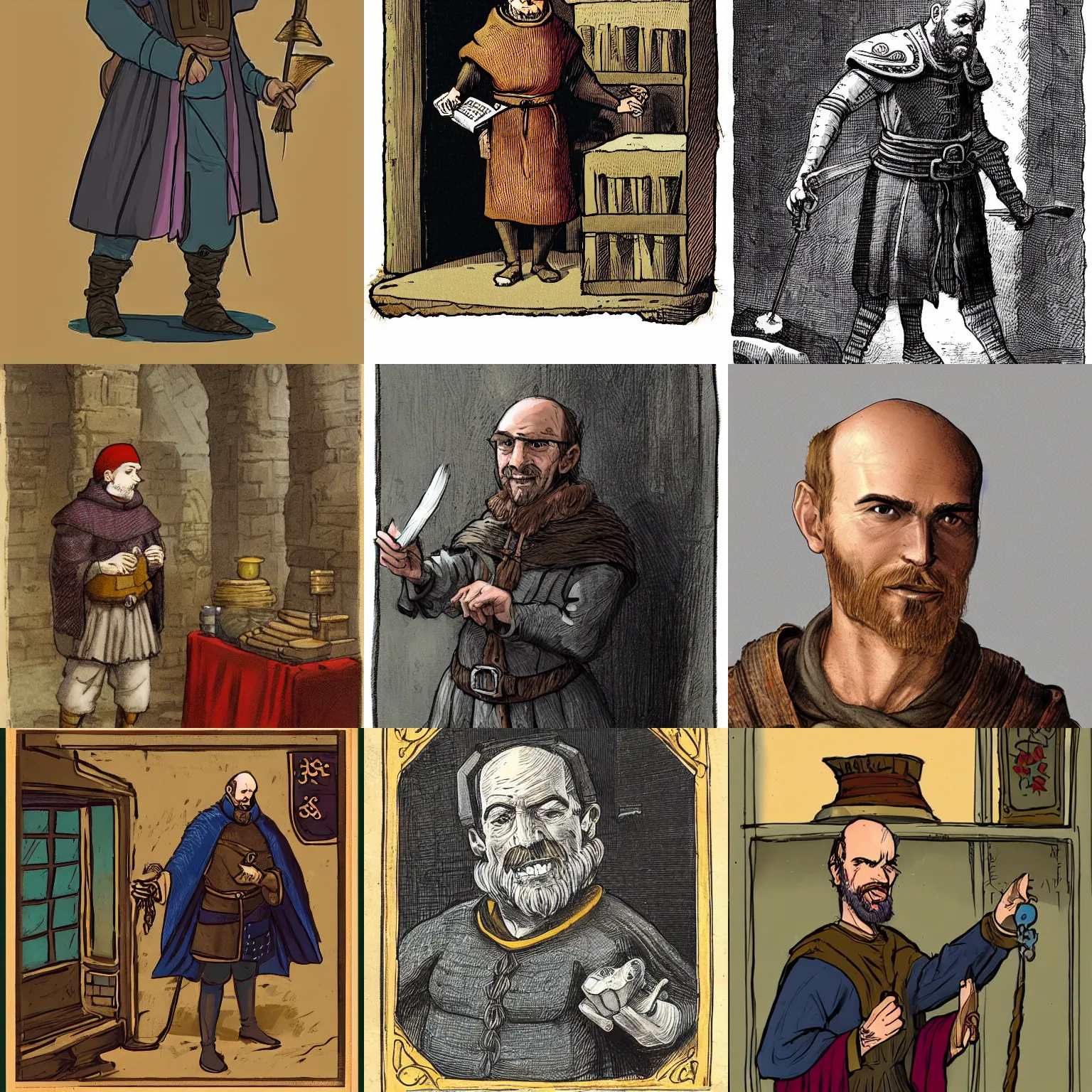 Prompt: a lean and balding human male medieval fantasy shopkeeper of fifty years with a kindly manner