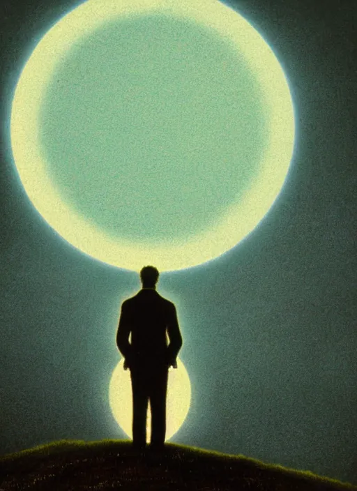 Image similar to a human silhouette observing an eclipse in the distance, painted by caspar david friedrich with chromatic chromatic aberration and datamoshing artifacts