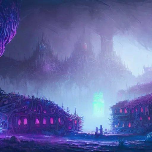 Image similar to concept art detailed painting of a dark purple fantasy fairytale fungal town made of mushrooms, with glowing blue lights, in the style of jordan grimmer and neil blevins and wayne barlowe