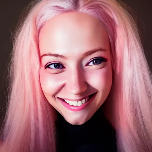 Image similar to beautiful hyperrealism selfie of a cute 3 d young woman smiling smugly, long light pink hair, flushed face, small heart - shaped face, amber eyes, golden hour, 8 k, instagram