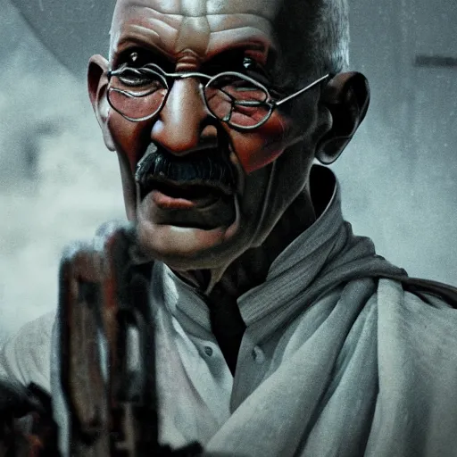 Image similar to Portrait of Mahatma Gandhi in Gears of War, splash art, movie still, cinematic lighting, dramatic, octane render, long lens, shallow depth of field, bokeh, anamorphic lens flare, 8k, hyper detailed, 35mm film grain