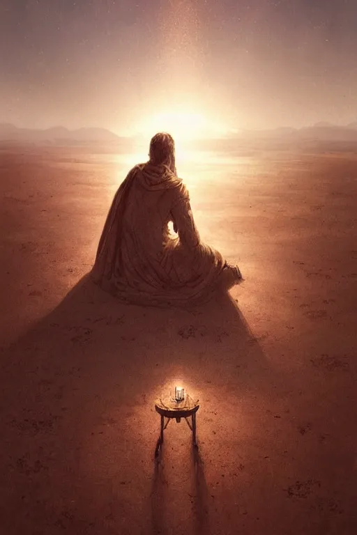 Image similar to lonely wanderer sitting at lap praying in desert, lit by the light of gods, abandoned by gods, hyperdetailed artstation cgsociety by greg rutkowski and by Gustave Dore