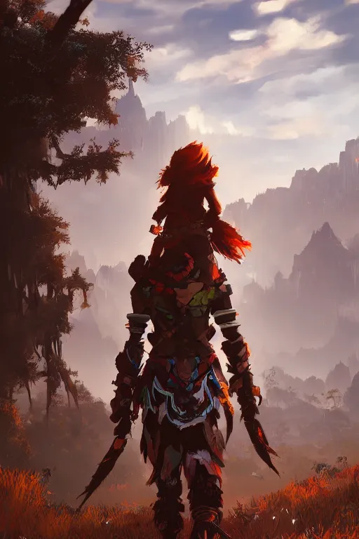 Image similar to combination suit armor aloy horizon forbidden west horizon zero dawn radiating a glowing aura global illumination ray tracing hdr fanart arstation by ian pesty and alena aenami artworks in 4 k tribal robot ninja mask helmet backpack