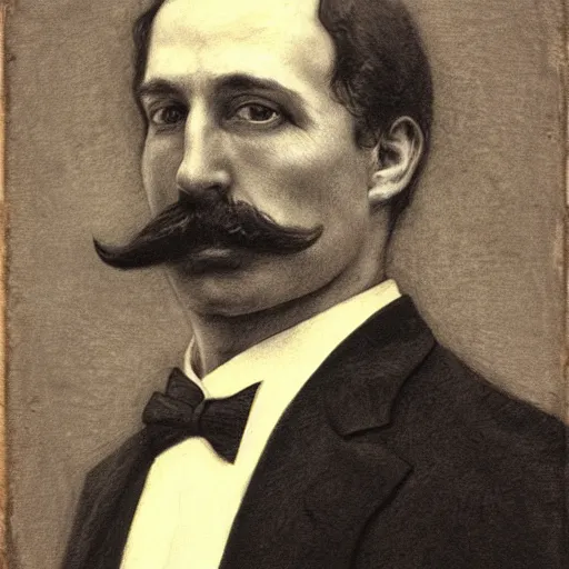 Image similar to portrait of an action hero, suit, bow tie, mustache, by alfred stevens in charcoal