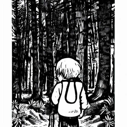 Image similar to little boy with a backpack in a forest, in the style of mcbess