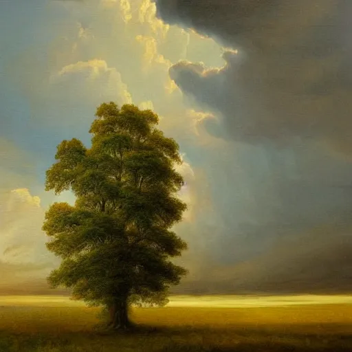 Prompt: a beautifully detailed romantic oil painting of a tree. Tumultuous sky. A Masterpiece in the style of Runge and Koch