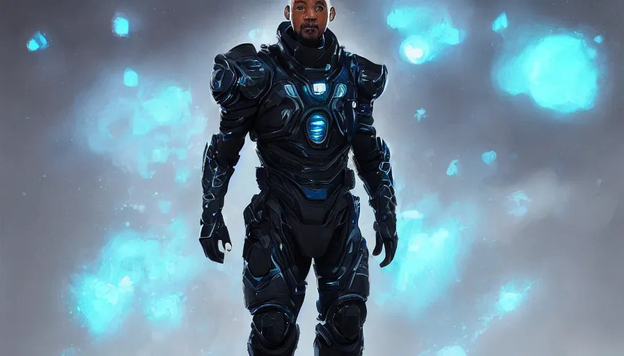 Image similar to will smith in futuristic black armor with blue lights in it, white background, hyperdetailed, artstation, cgsociety, 8 k