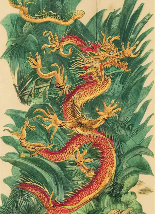 Prompt: vintage chinese dragon in a tropical forest, john james audubon, ernst haeckel, intaglio, sharp focus