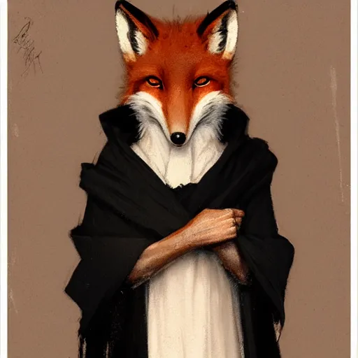 Image similar to A portrait of an anthropomorphic fox in a black robe by Greg Rutkowski, artstation, 8k, Norman Rockwell