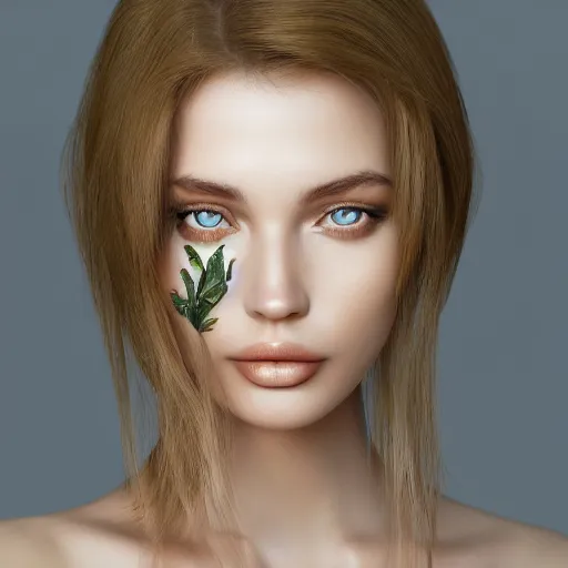 Image similar to beatiful frontal face portrait of a woman, 150 mm, flowers, intricate, golden ratio, full frame, elegant, highly detailed, elegant , luxury, beautifully lit, ray trace, octane render