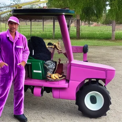 Prompt: a farmer in a purple velour jumpsuit in a very soft persian pink plush john deere with pluche