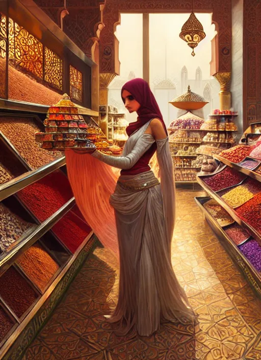 Image similar to a young arabian lady shopping at a desert spice market, shiny, fantasy, intricate, elegant, hyper detailed, ultra definition, photoreal, artstation, unreal engine rendered, concept art, smooth, sharp focus, illustration, art by artgerm and greg rutkowski and alphonse mucha and garis edelweiss