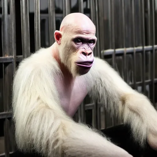 Image similar to bald white man dressed in a gorilla suit in a cage