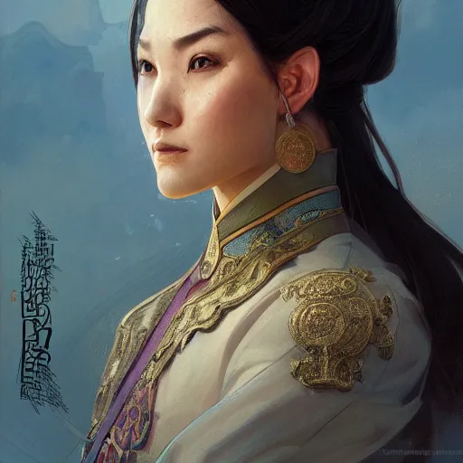 Prompt: portrait of mongolian knight, elegant, intricate, headshot, highly detailed, digital painting, artstation, concept art, sharp focus, illustration, art by artgerm and greg rutkowski and alphonse mucha