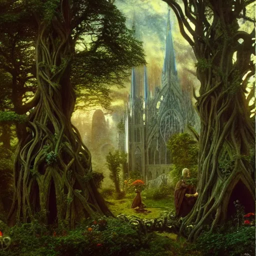 Image similar to a beautiful and highly detailed matte painting of an elven cathedral in a magical celtic forest, otherworldly trees and plants and flowers, detailed spires, by caspar friedrich, albert bierstadt, james gurney, brian froud,