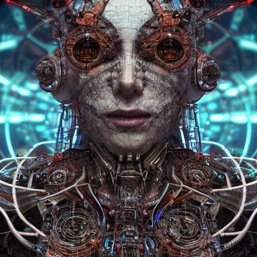 Image similar to timeless cybernetic deity with circuitry skin and networked mind tripping on acid, intricate detail, royo, whealan, giger, klimt, hd, octane render, unreal engine,