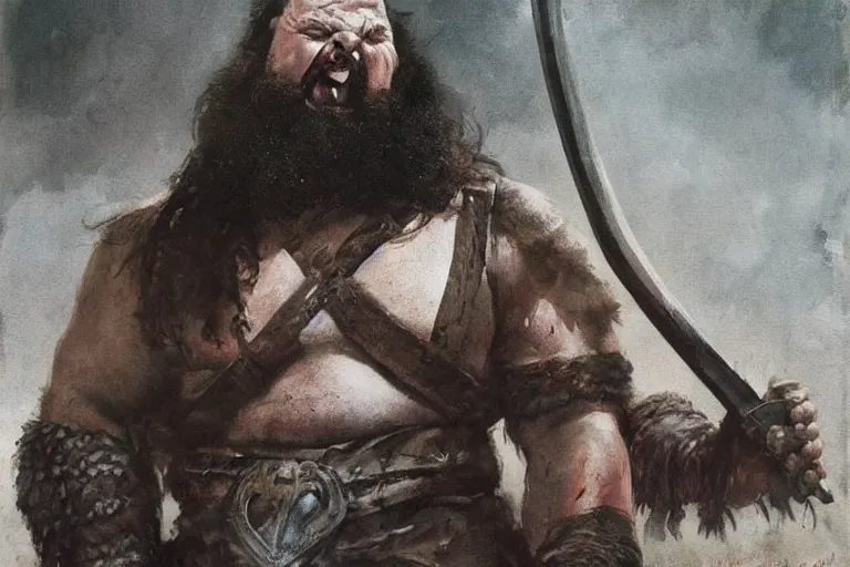 Prompt: braun strowman as a huge viking wielding machete and laughing with his warriors, dark misty foggy valley, sepia, painted by frank frazetta and rick berry and norman rockwell and jack kirby and tom lovell and jeremy mann