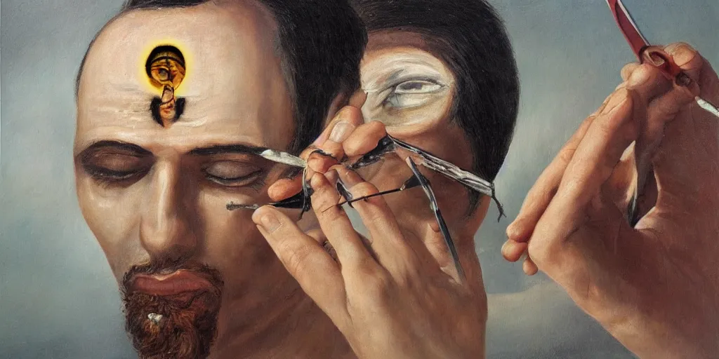 Image similar to a surreal painting of a man removing a nail from the middle of his forehead where he has a third eye