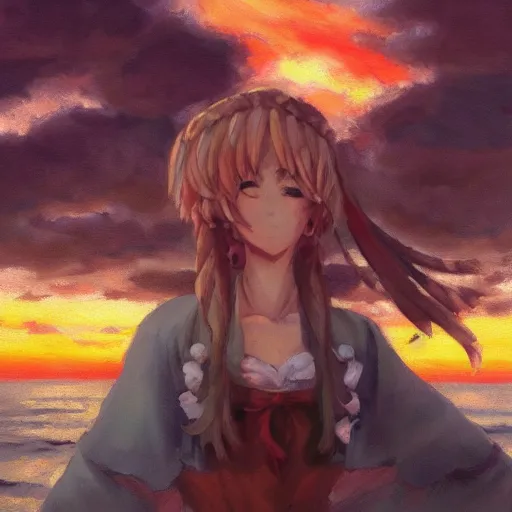 Prompt: Beautiful portrait of Kirisame Marisa at sunset on the beach, touhou project, ZUN, sold at an auction, oil on canvas, official artwork, trending on artstation, in the style of Antoine Blanchard, wide strokes