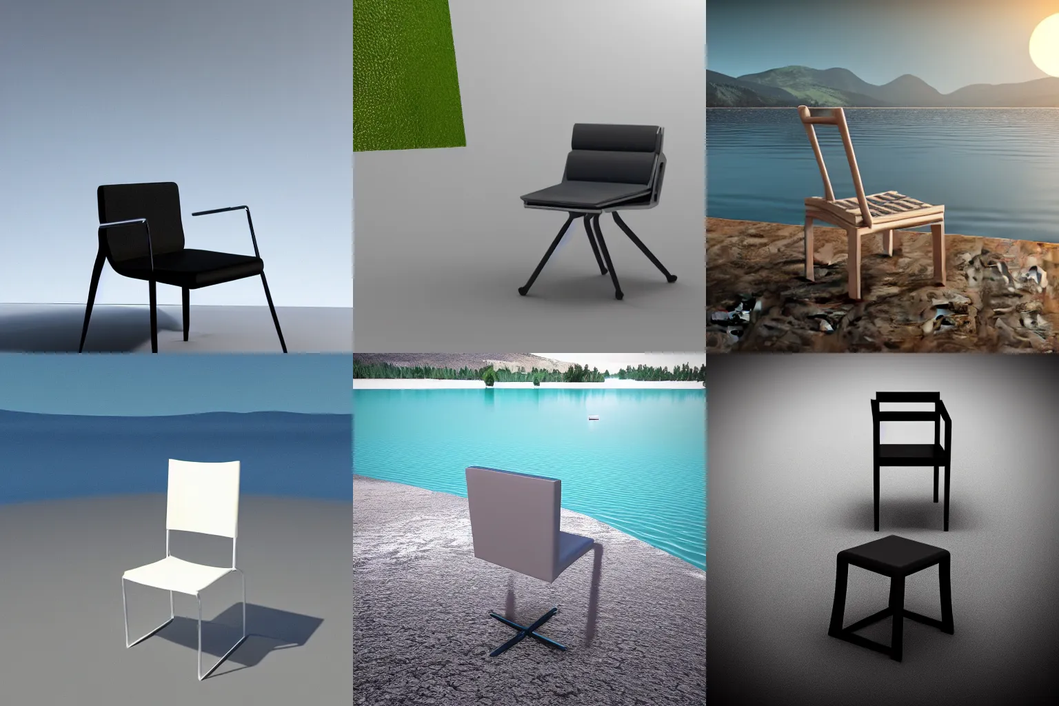 Prompt: 3d render of a minimalistic chair near a lake, 3d minimalistic art, unreal engine, 4k, studio lighting,