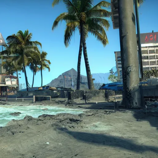 Image similar to Waikiki Beach, Honolulu in ruins post-nuclear war in Fallout 4, in game screenshot