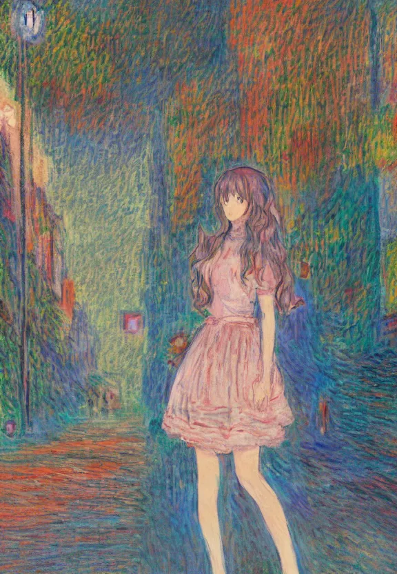 Image similar to wide angle portrait of a teenage girl, a thrifty outfit, somewhat of an anime in impressionist style, city street view background, starlit night sky, trending artwork, illustrated in anime painter studio, by claude monet